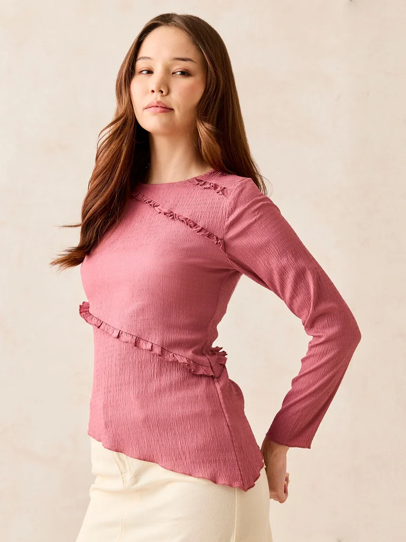 Outzidr Pink Pink Textured Assymetric Hem Knit Top for Women | Best Price UAE